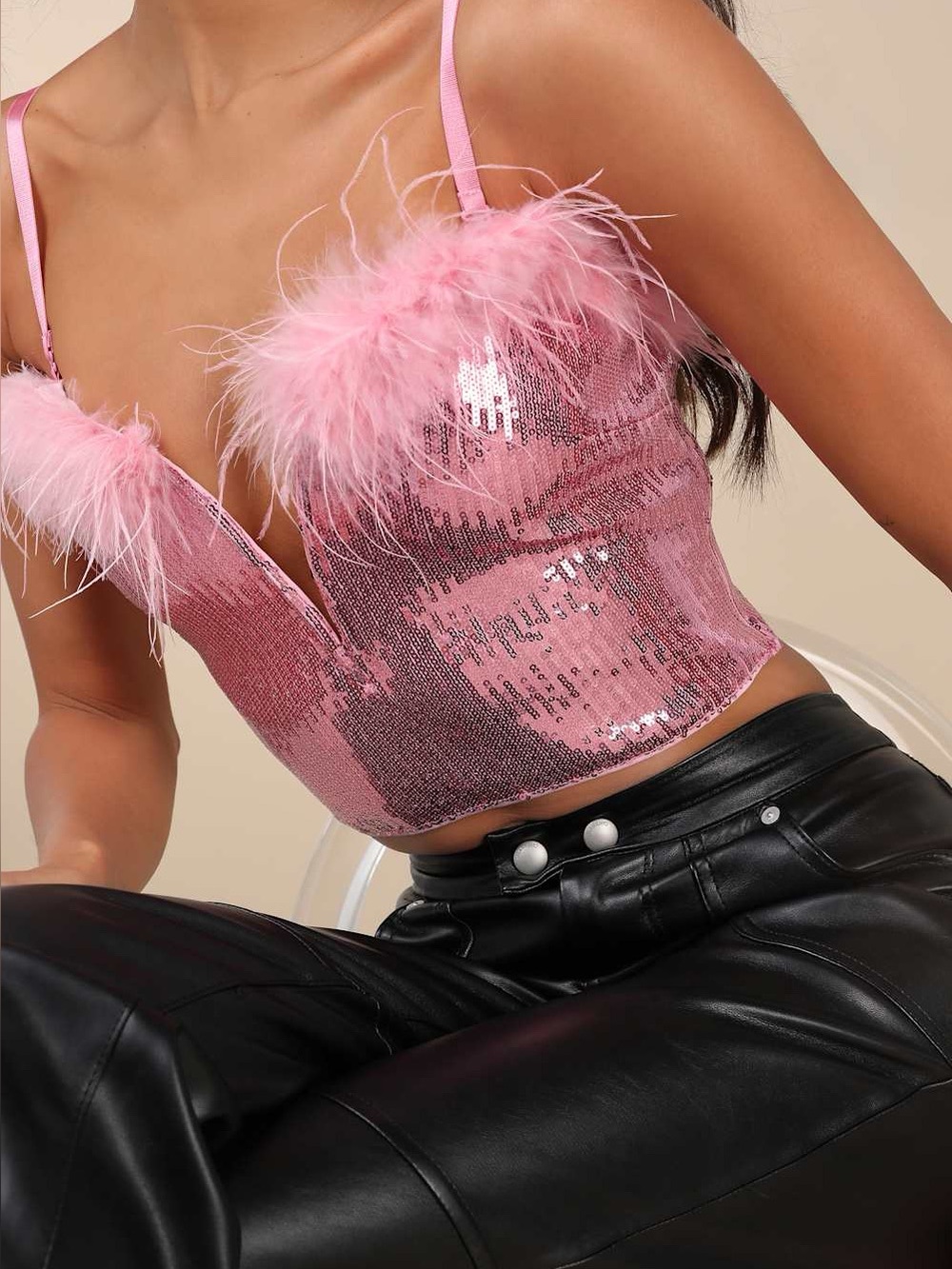 Spectacular Muse Pink Sequin Feather Cropped Cami Top NWT SZ L